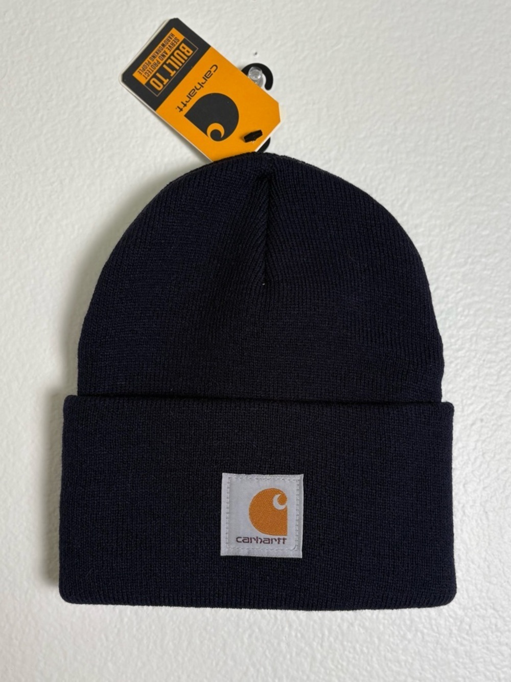 Carhartt Navy Knit Beanie with Orange Logo Tag